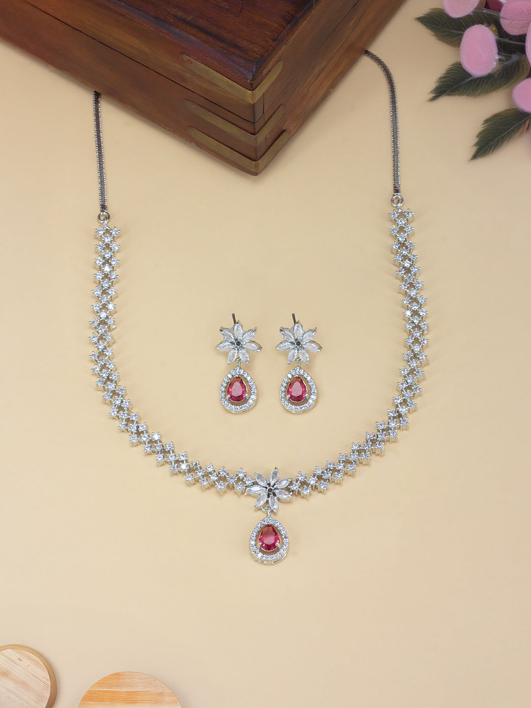 Rhodium Plated Red American Diamond Floral Drop Jewellery Set