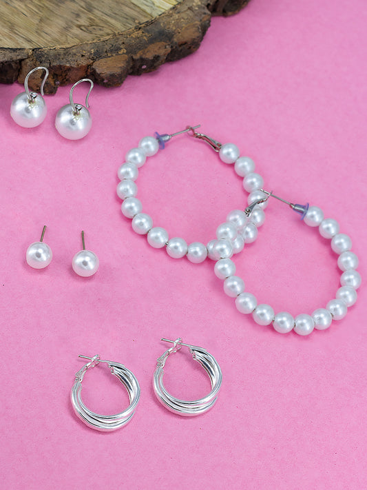 Pack of 4 Silver Plated Faux Pearl Studded Hoops & Studs Earrings