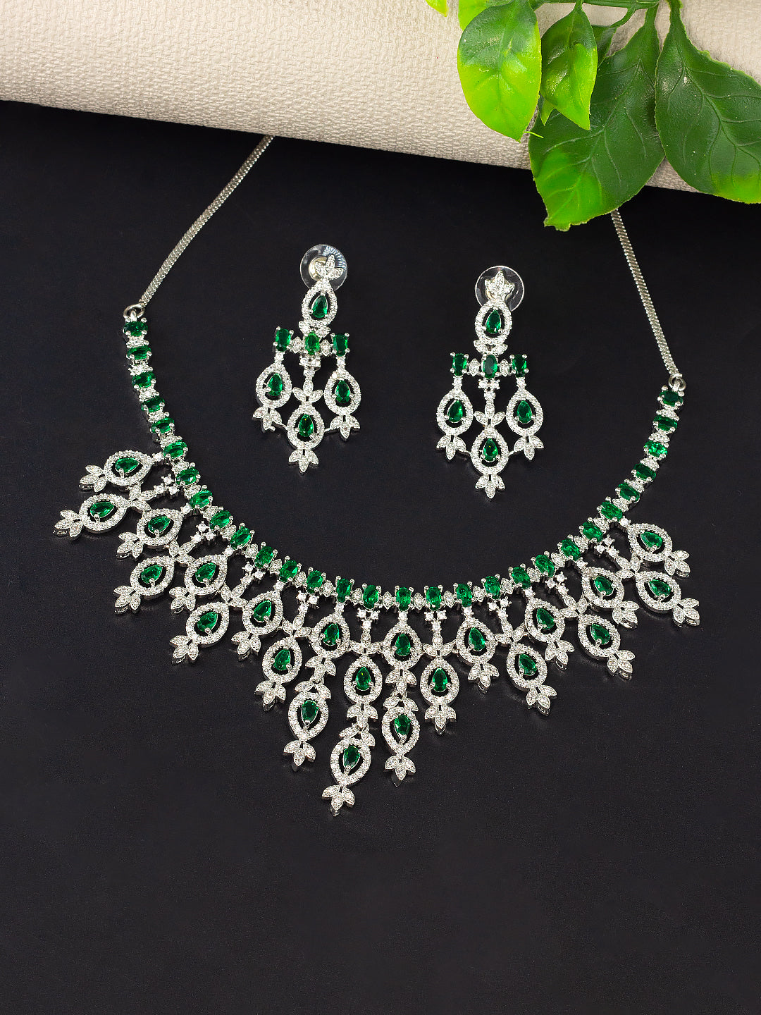 Rhodium Plated American Diamond Studded Green Jewellery Set