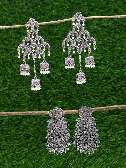 Pack Of 2 Silver-Oxidised Peacock Shaped Artificial Stones Studded Jhumkas