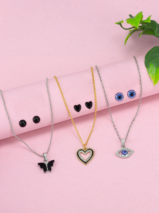 Pack of 3 Black & Blue Pendants & Earrings Set Gift For Girls