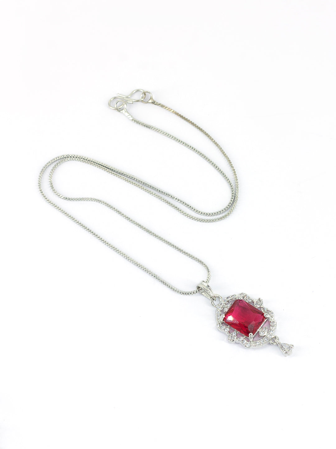 Rhodium Plated Red American Diamond Studded Pendant Set