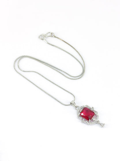 Rhodium Plated Red American Diamond Studded Pendant Set