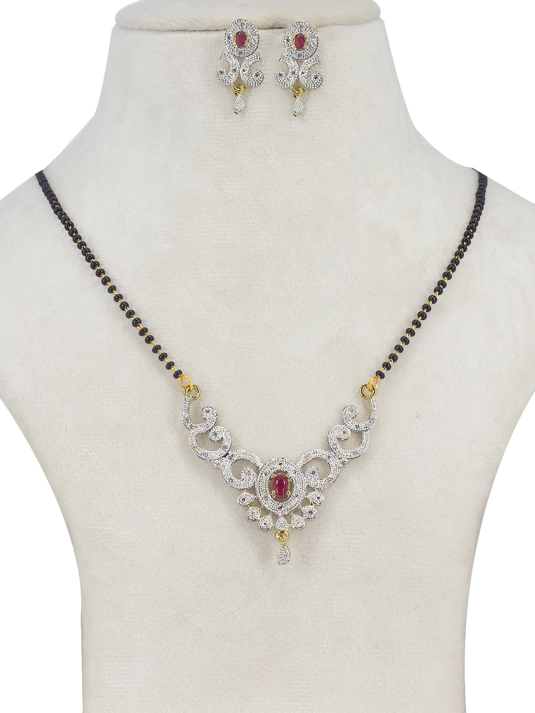 Gold Plated Red American Diamond & Black Beaded Mangalsutra With Earrings