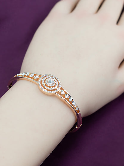 Rose Gold Plated Circular American Diamond Studded Stainless Steel Bracelet