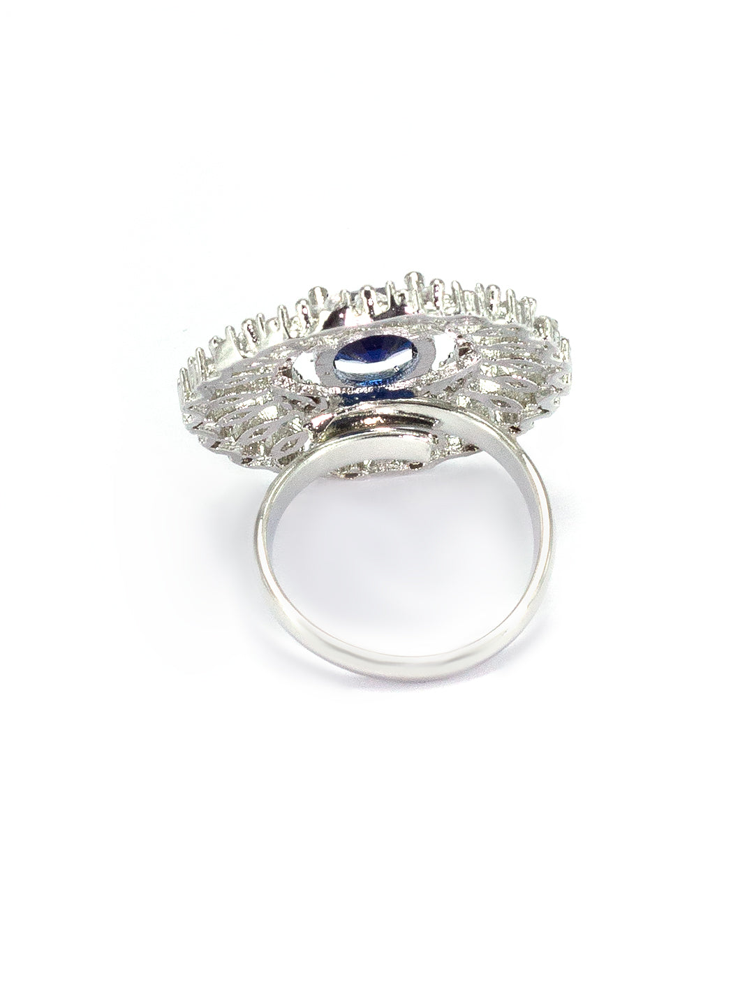 Rhodium Plated Blue American Diamond Oval Shaped Adjustable Finger Ring