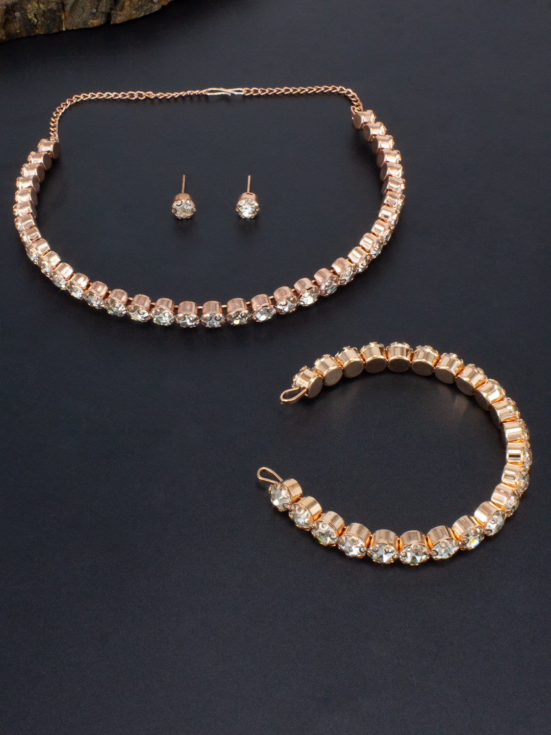 Rose Gold Plated Rhinestone Studded Jewellery Set with Beacelet