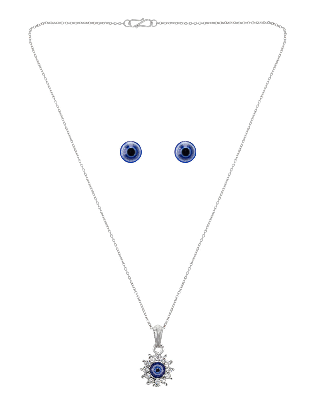 Silver Plated Evil Eye & Floral Shaped Pendant & Studs Set