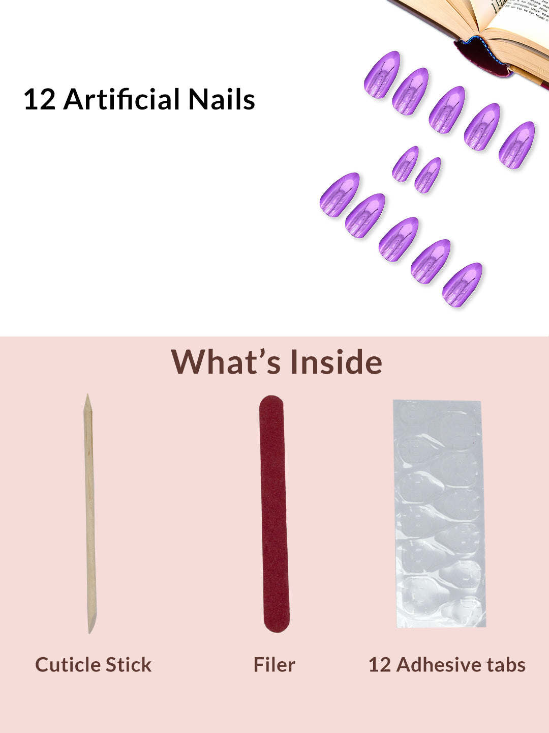 Set Of 12 Reusable Chromatic Fake Nails With Application Kit - Metallic Purple