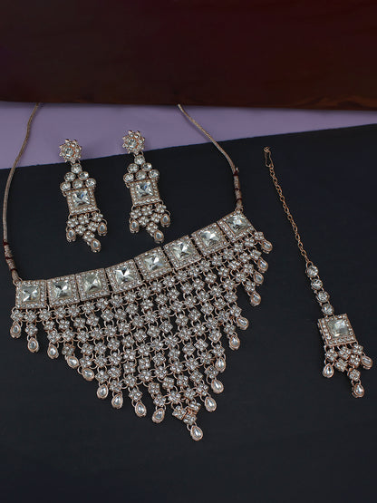 Rose Gold Plated Cubic Zirconia Studded Statement Jewellery Set With Maangtika