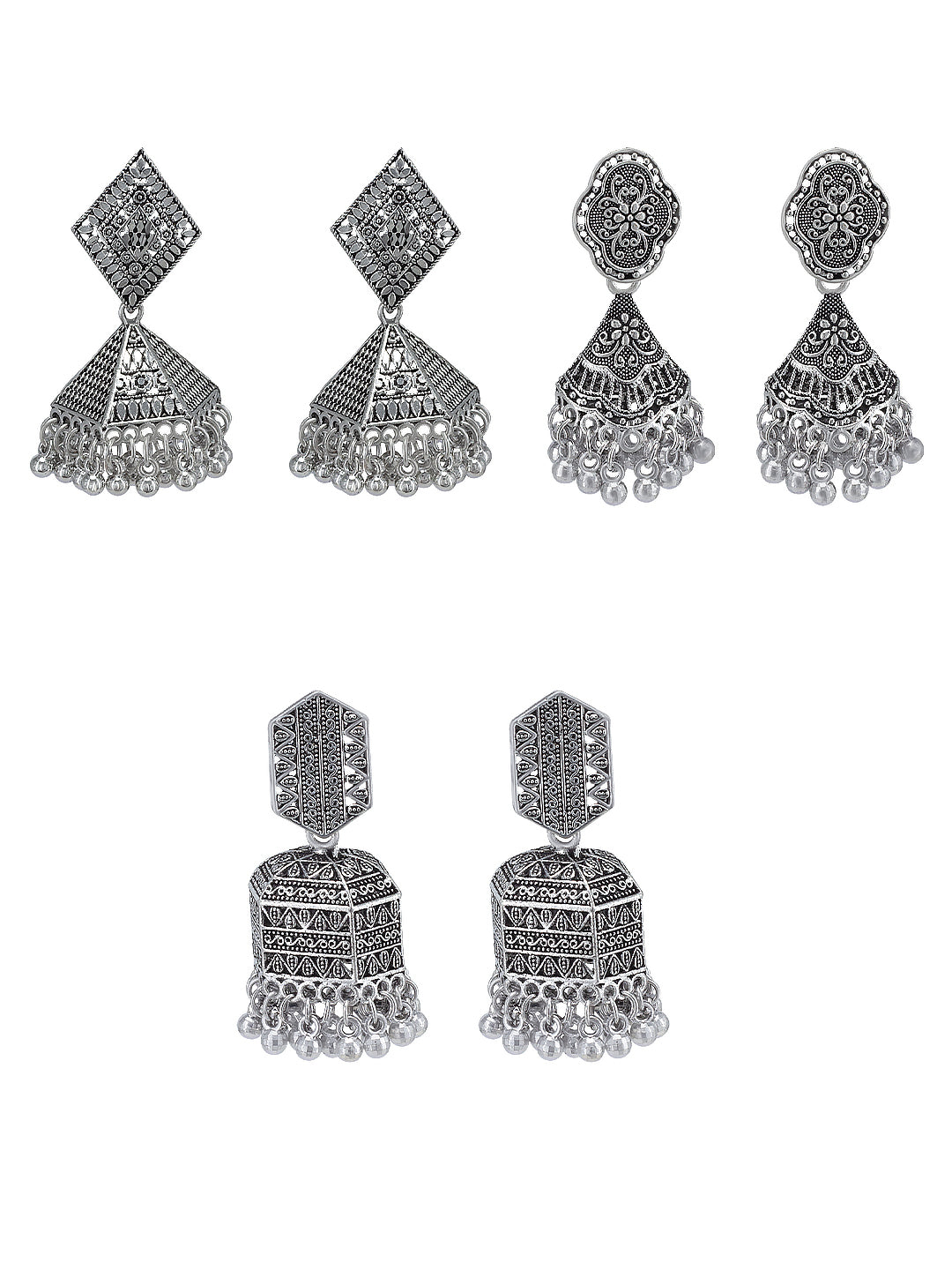 Pack Of 3 Traditional Silver Oxidised Jhumkas