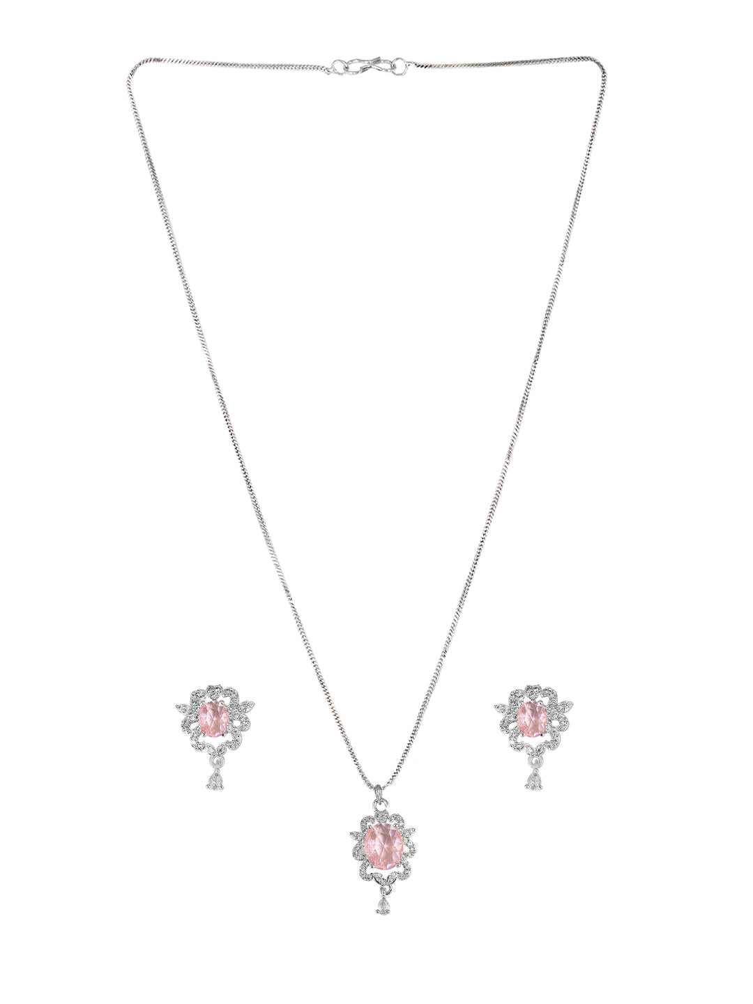 Rhodium Plated Pink Oval Shaped American Diamond Studded Pendant Set