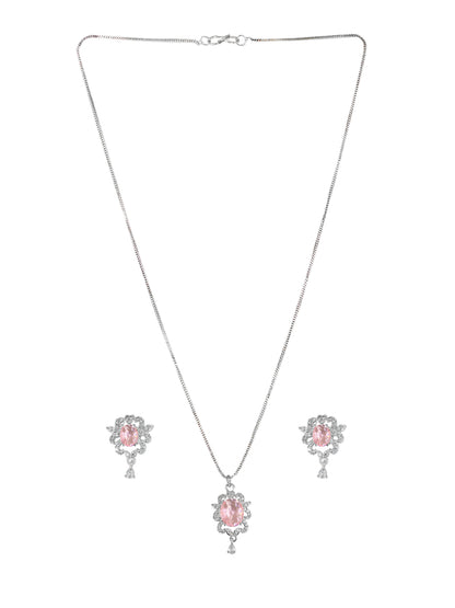 Rhodium Plated Pink Oval Shaped American Diamond Studded Pendant Set