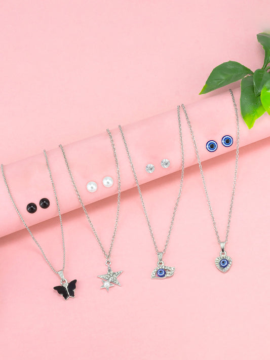 Pack of 4 Black & Blue Pendants & Earrings Set Gift For Girls