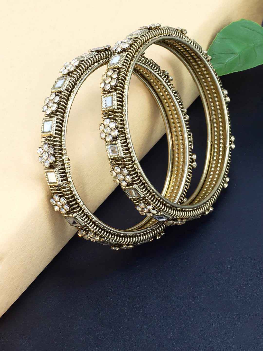 Set Of 2 Gold-Plated Mirror & Stones Studded Bangles