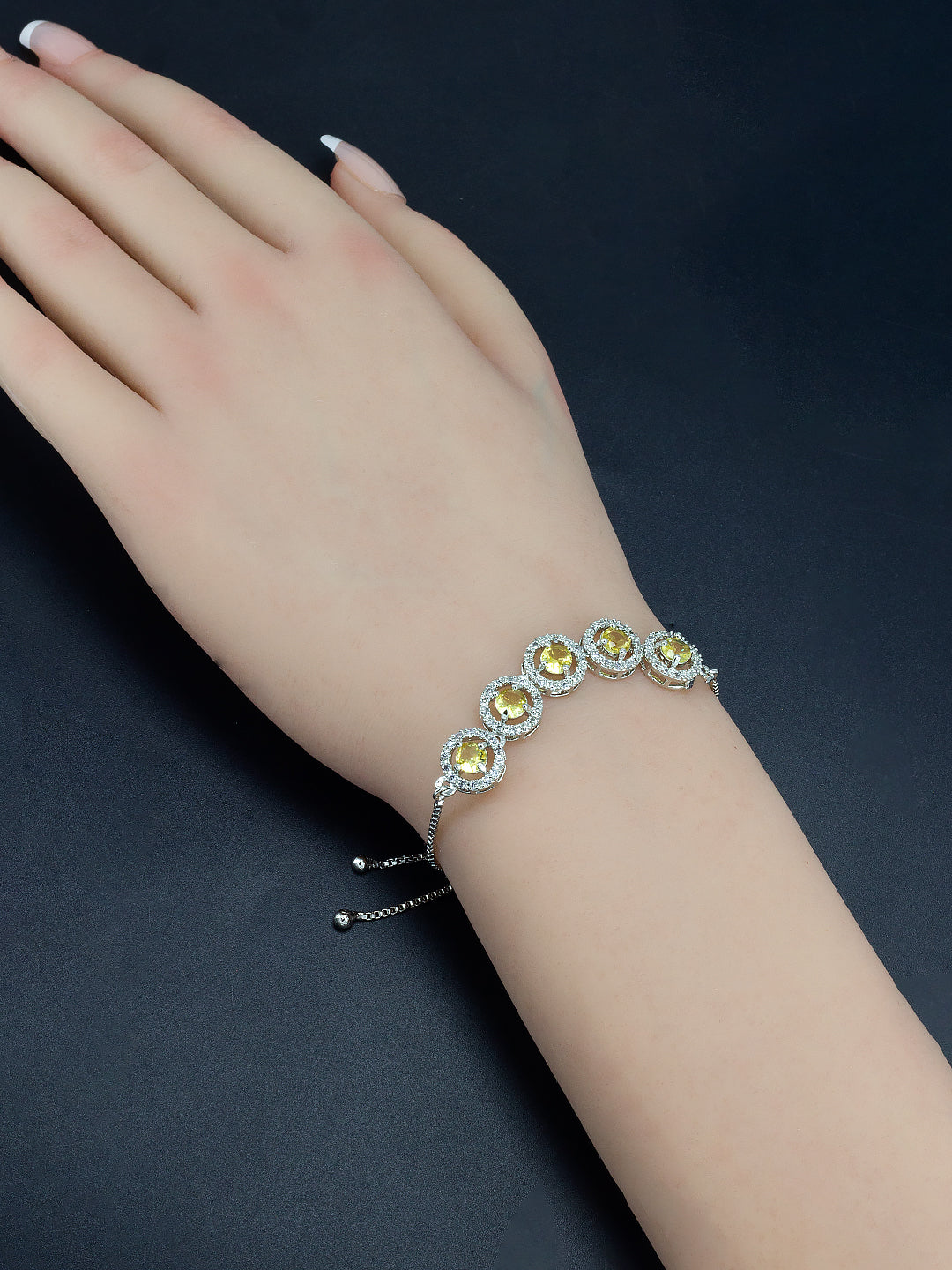 Yellow American Diamond Studded Circular Adjustable Bracelet Gift For Women