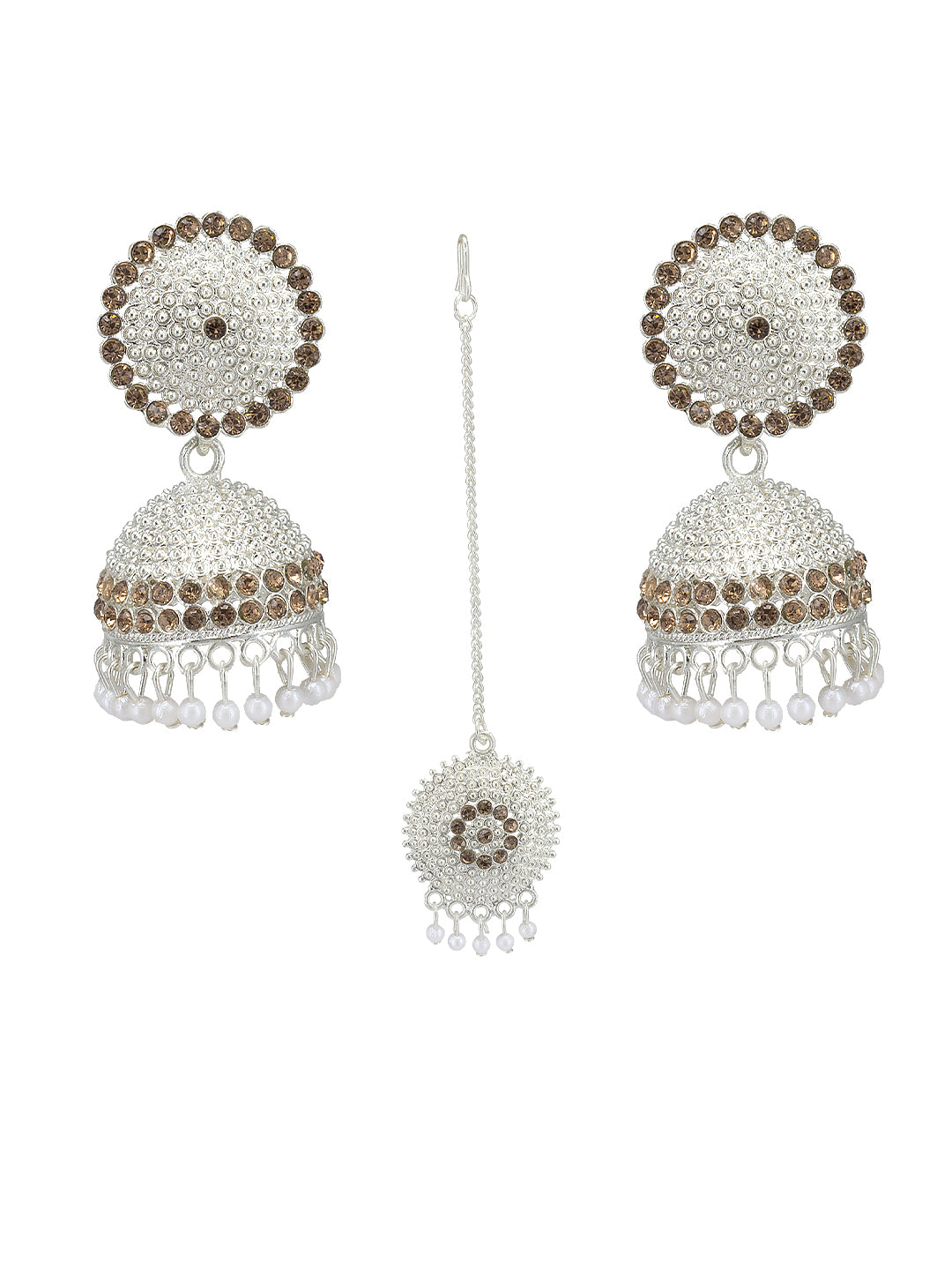 Silver Plated Artificial Stones & Beaded Jhumka Earrings With Mang Tika