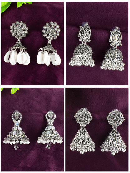 Pack of 4 Silver Oxidised Jhumki Drop Earrings