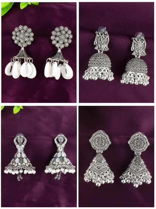 Pack of 4 Silver Oxidised Jhumki Drop Earrings