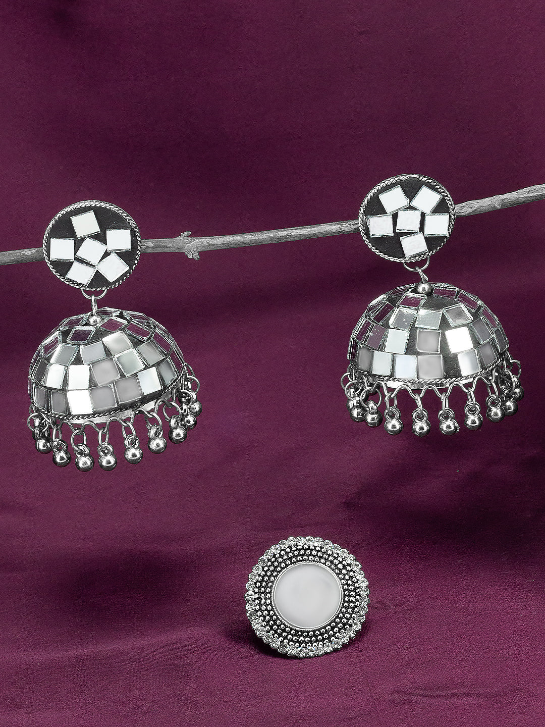 Silver Mirror Studded Bohemian Jhumka Earrings With Ring