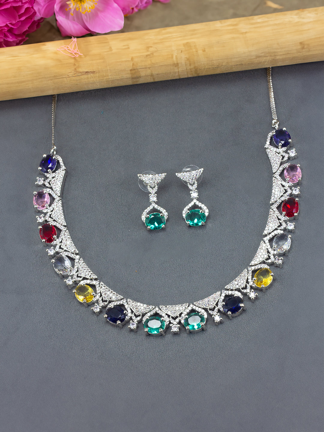 Rhodium-Plated Multi Color American Diamond Premium Jewellery Set