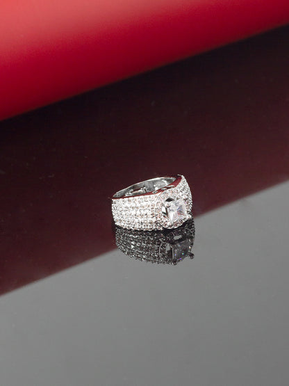 Rhodium Plated American Diamond Adjustable Finger Ring