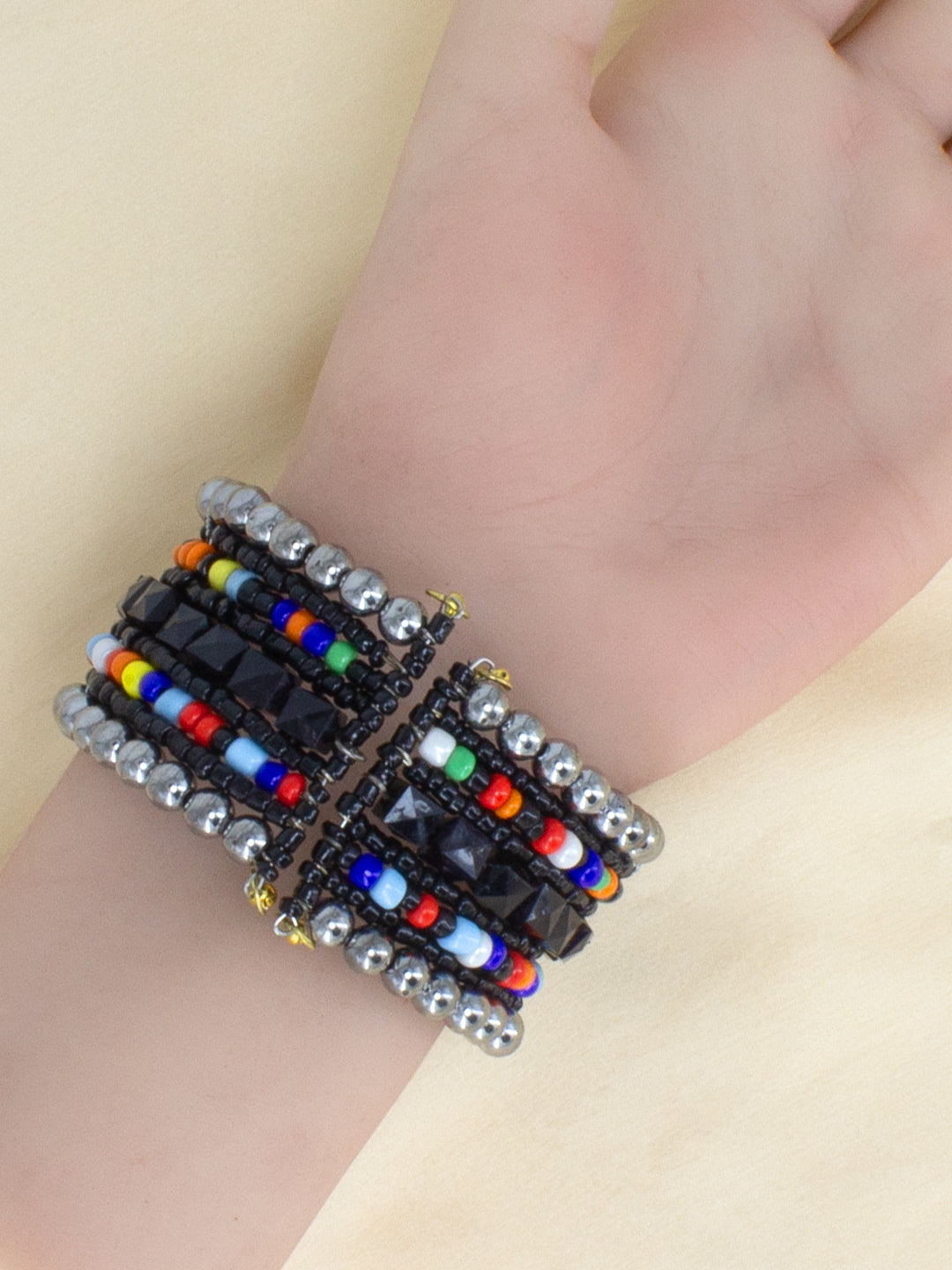 Black & Silver Plated Multicolor Beaded Cuff Designer Bracelet