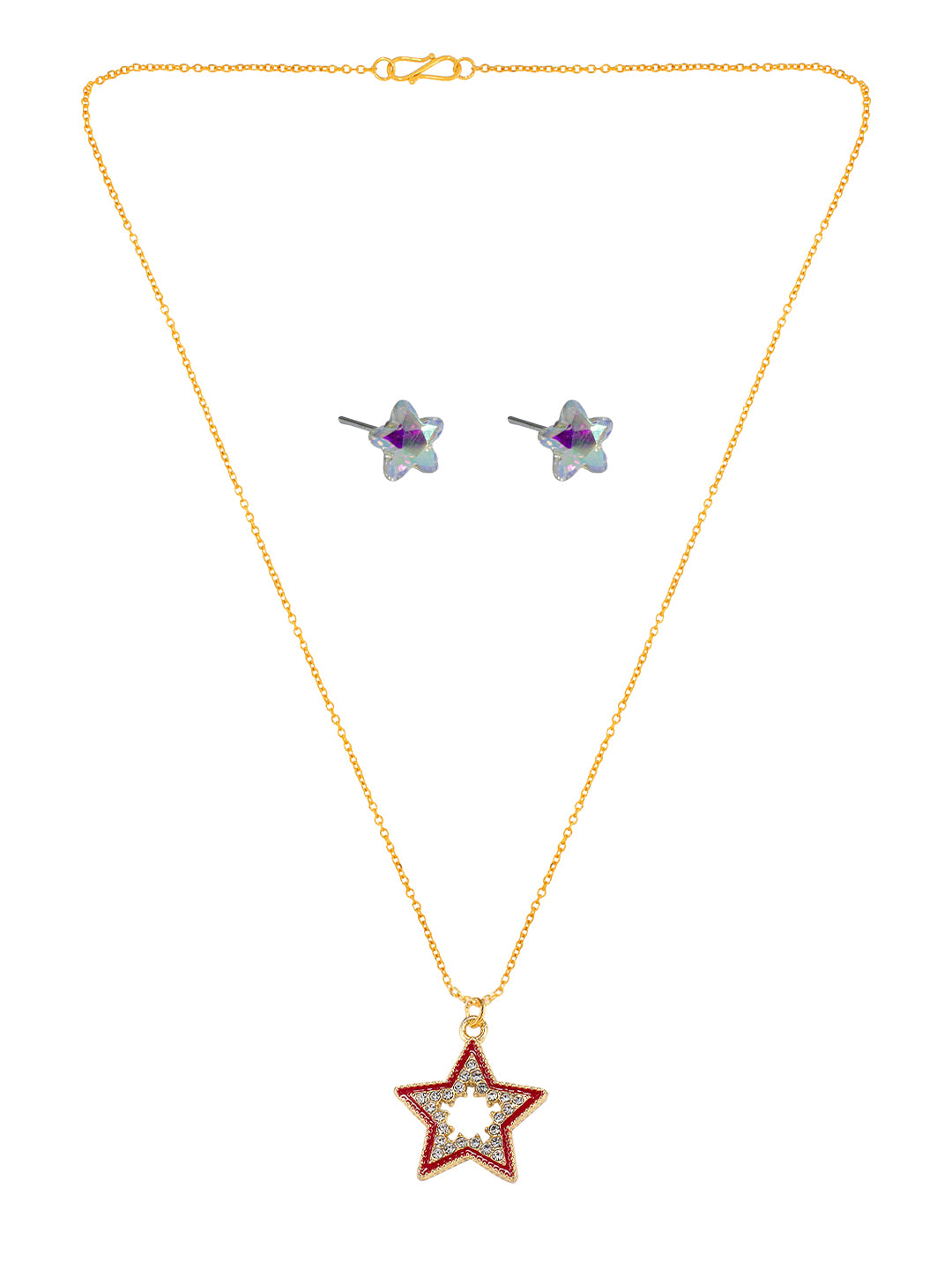 Gold Plated & Red Star Shaped Pendant & Studs Set