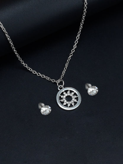 Silver Plated CZ Studded Circular Shaped Pendant & Studs Set