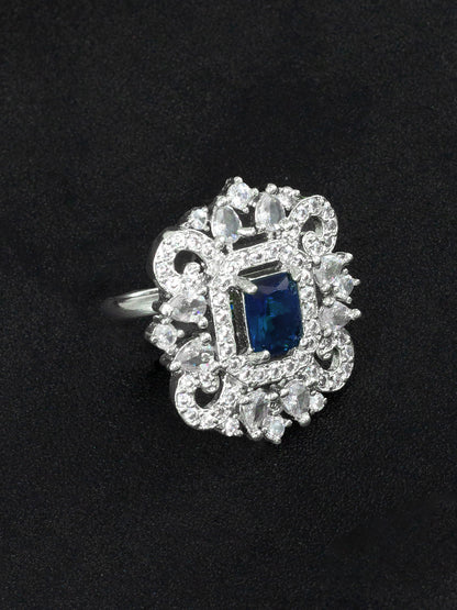 Rhodium Plated Blue American Diamond Vintage Adjustable Finger Ring