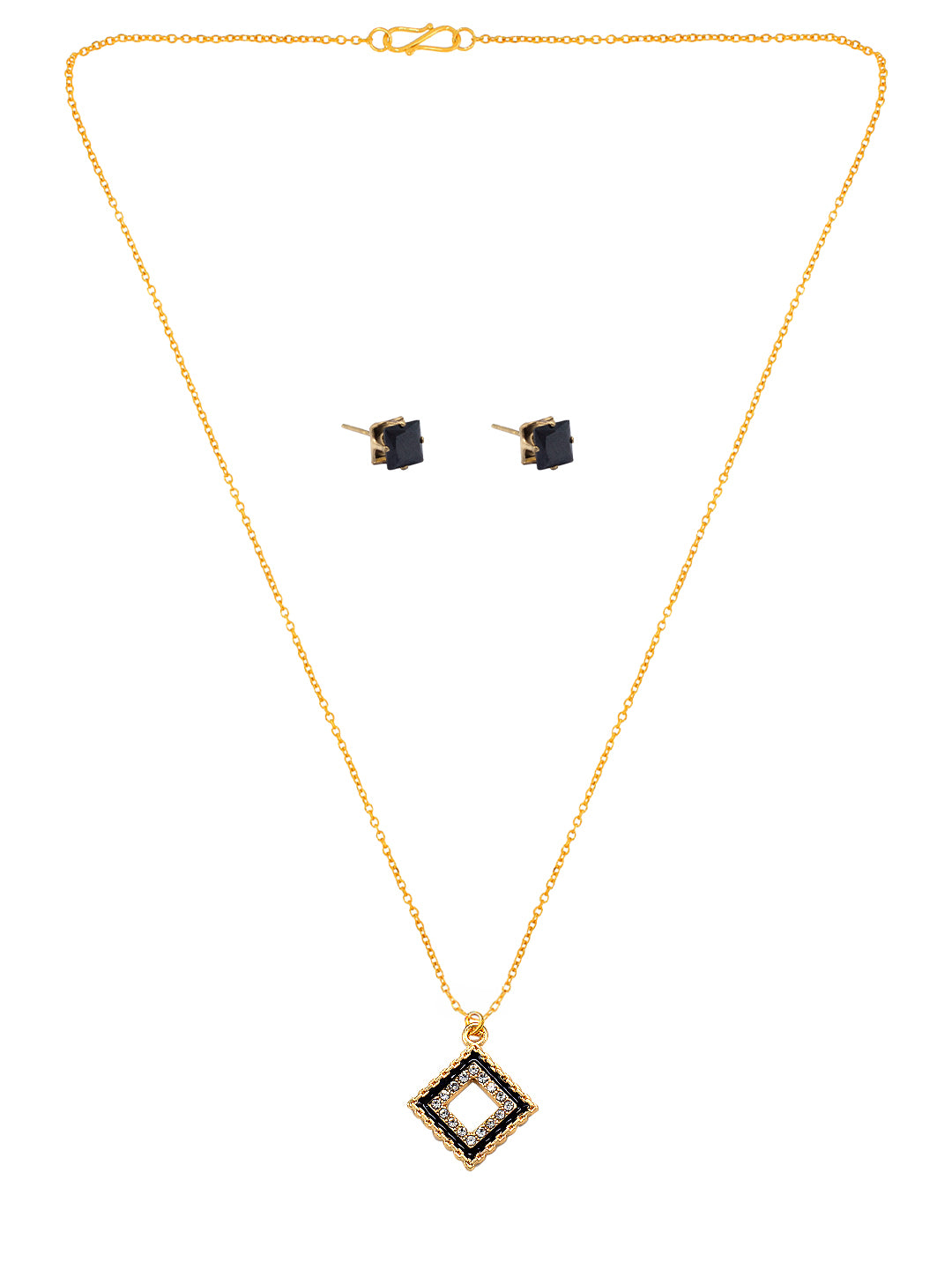 Gold Plated & Black Square Shaped Pendant & Studs Set