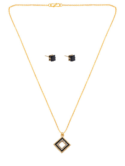 Gold Plated & Black Square Shaped Pendant & Studs Set