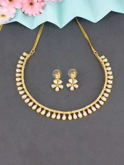 Gold Plated American Diamond & Faux Pearls Floral Jewellery Set