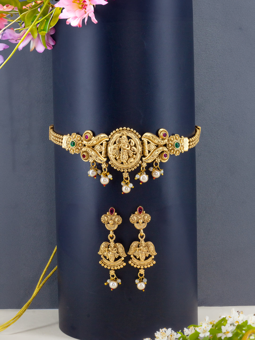 Gold Plated Shree Krishna Kundan Choker Temple Jewellery Set