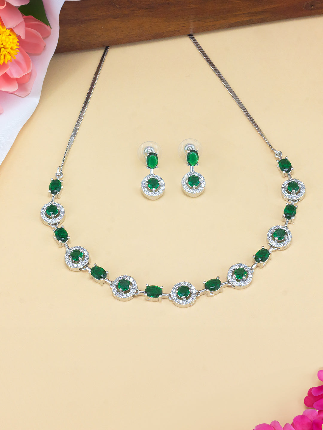 Rhodium Plated Green American Diamond Minimal Jewellery Set