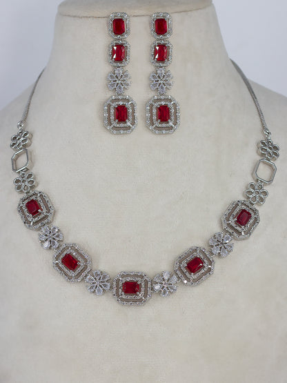 Rhodium Plated Red Floral American Diamond Jewellery Set