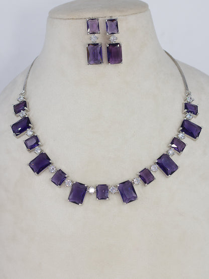 Rhodium Plated Purple Square American Diamond Jewellery Set