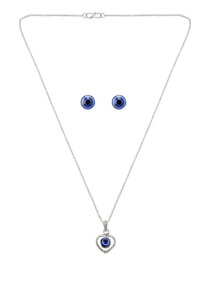 Silver Plated Evil Eye Heart Shaped Pendant & Studs Set