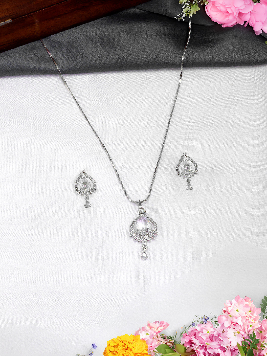 Rhodium Plated Teardrop American Diamond Studded Trendy Pendant Set