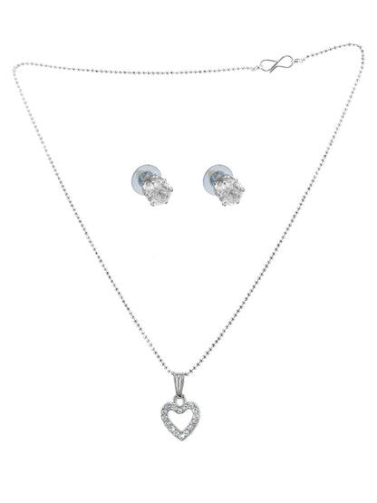 Silver Plated CZ Studded Heart Shaped Pendant & Studs Set