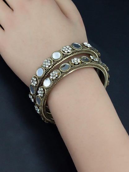 Set Of 2 Gold-Plated Mirror & Stones Studded Bangles