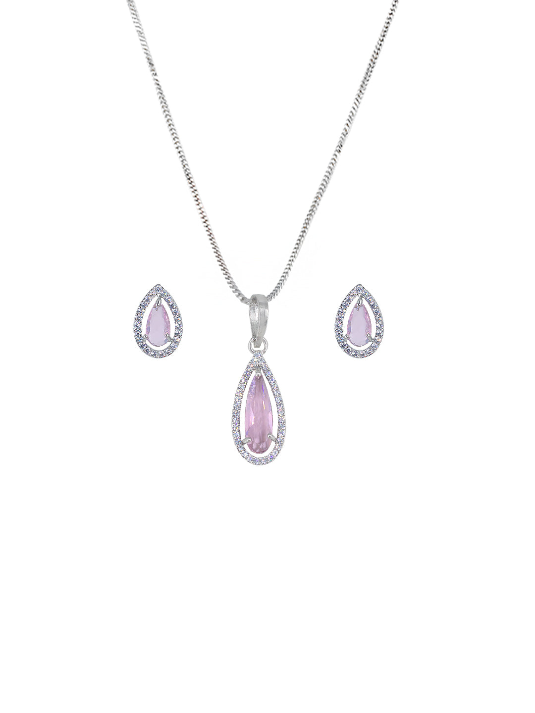 Rhodium Plated Pink Drop American Diamond Trendy Pendant Set