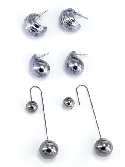 Pack of 3 Gun Metal Plated Studs & Drop Trendy Earrings