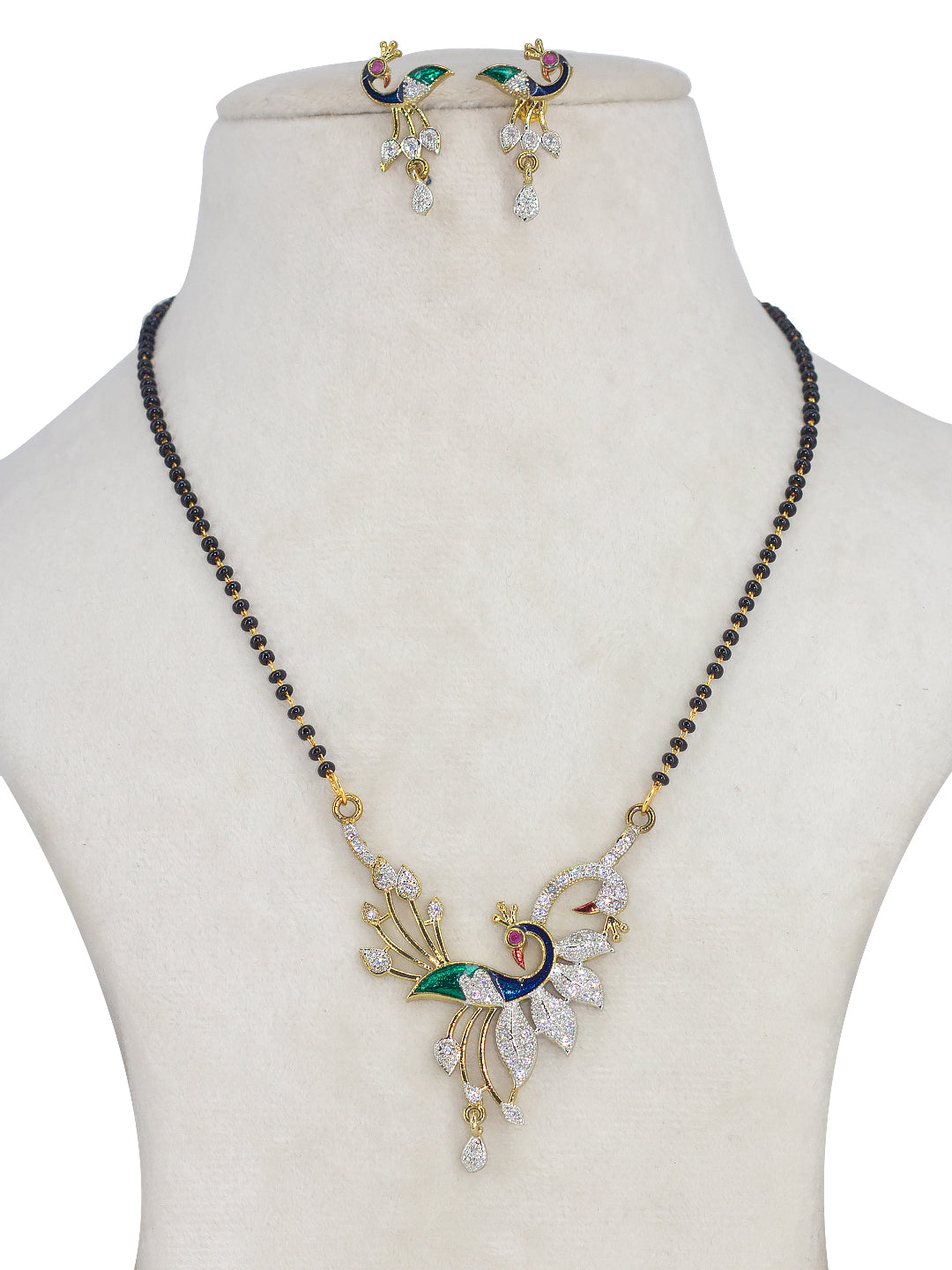 Gold Plated Peacock American Diamond & Black Beaded Trendy Mangalsutra With Earrings