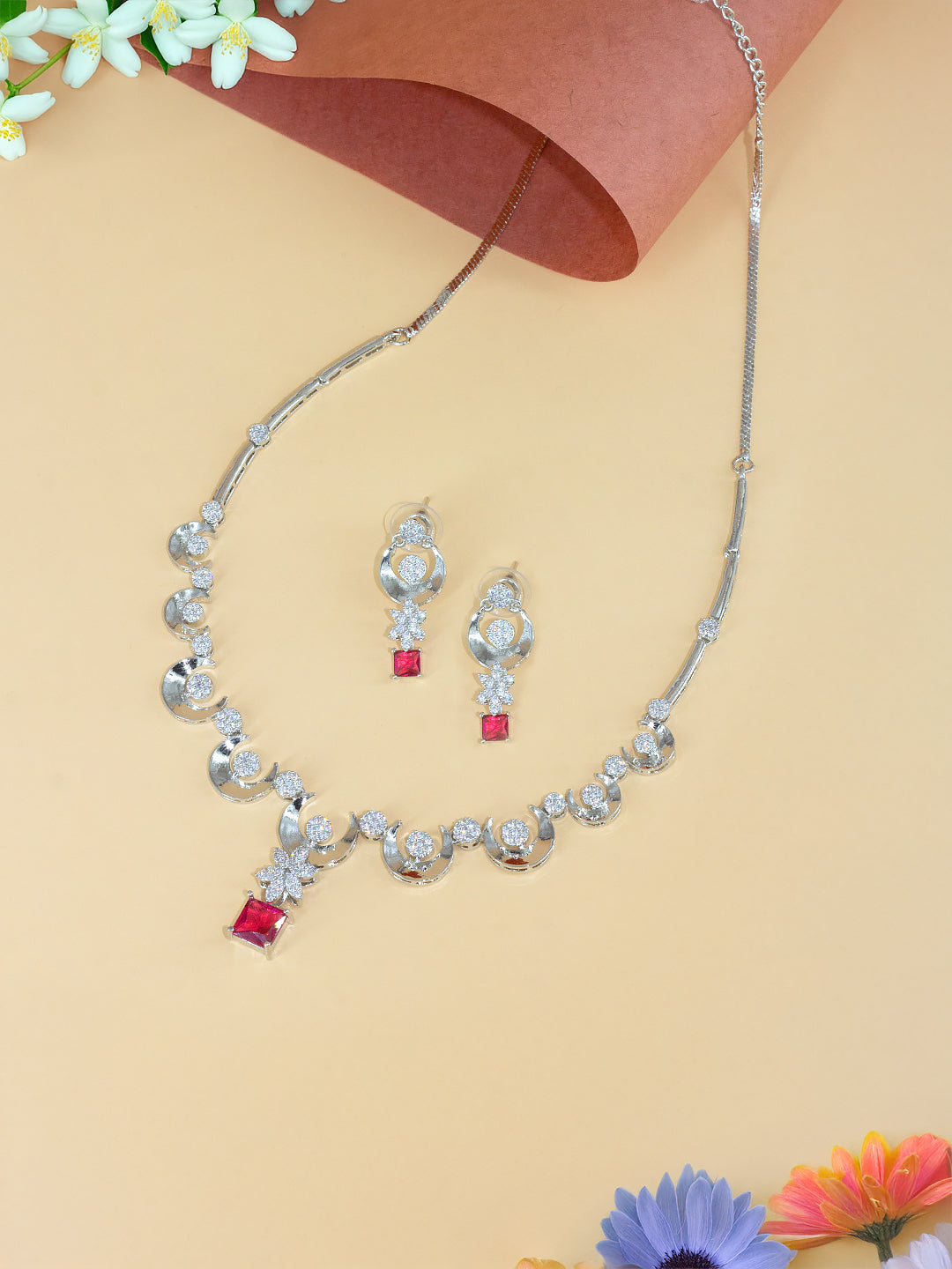 Rhodium Plated Red Crescent AD Jewellery Set