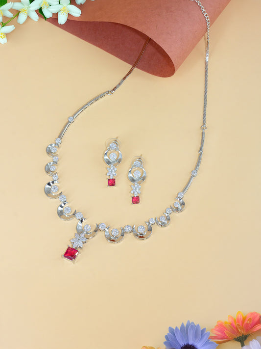 Rhodium Plated Red Crescent AD Jewellery Set