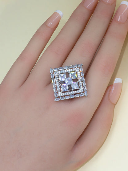 Rhodium Plated Square Cocktail American Diamond Adjustable Finger Ring