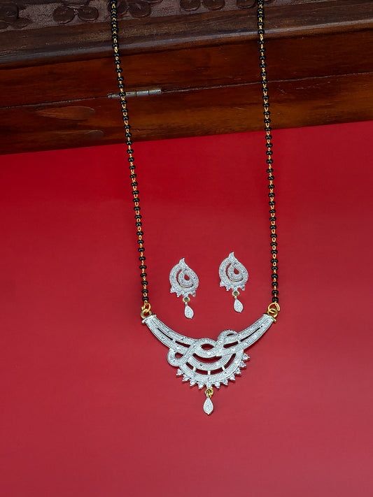 Gold Plated American Diamond & Black Beaded Mangalsutra With Earrings