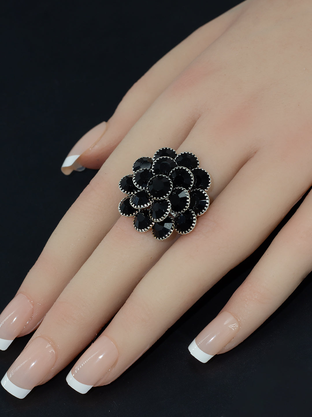 Set of 6 Silver Oxidised Black Artificial Stone Floral Adjustable Finger Ring