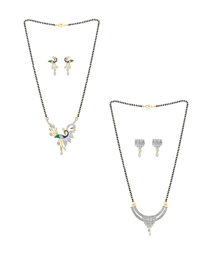 Set Of Two Gold Plated Peacock American Diamond Mangalsutra & Earrings